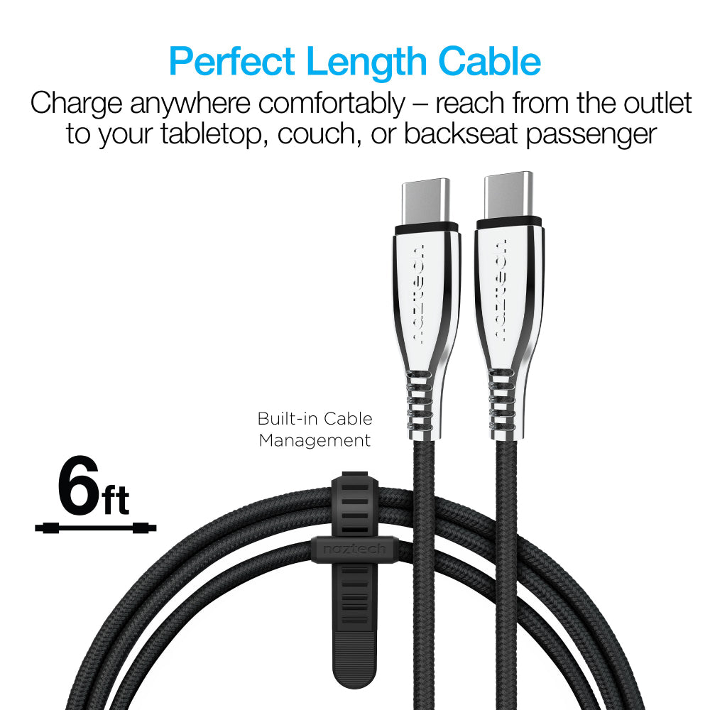 Cable de carga rápida trenzado USB-C a USB-C de 6 pies de Naztech Titanium, color negro