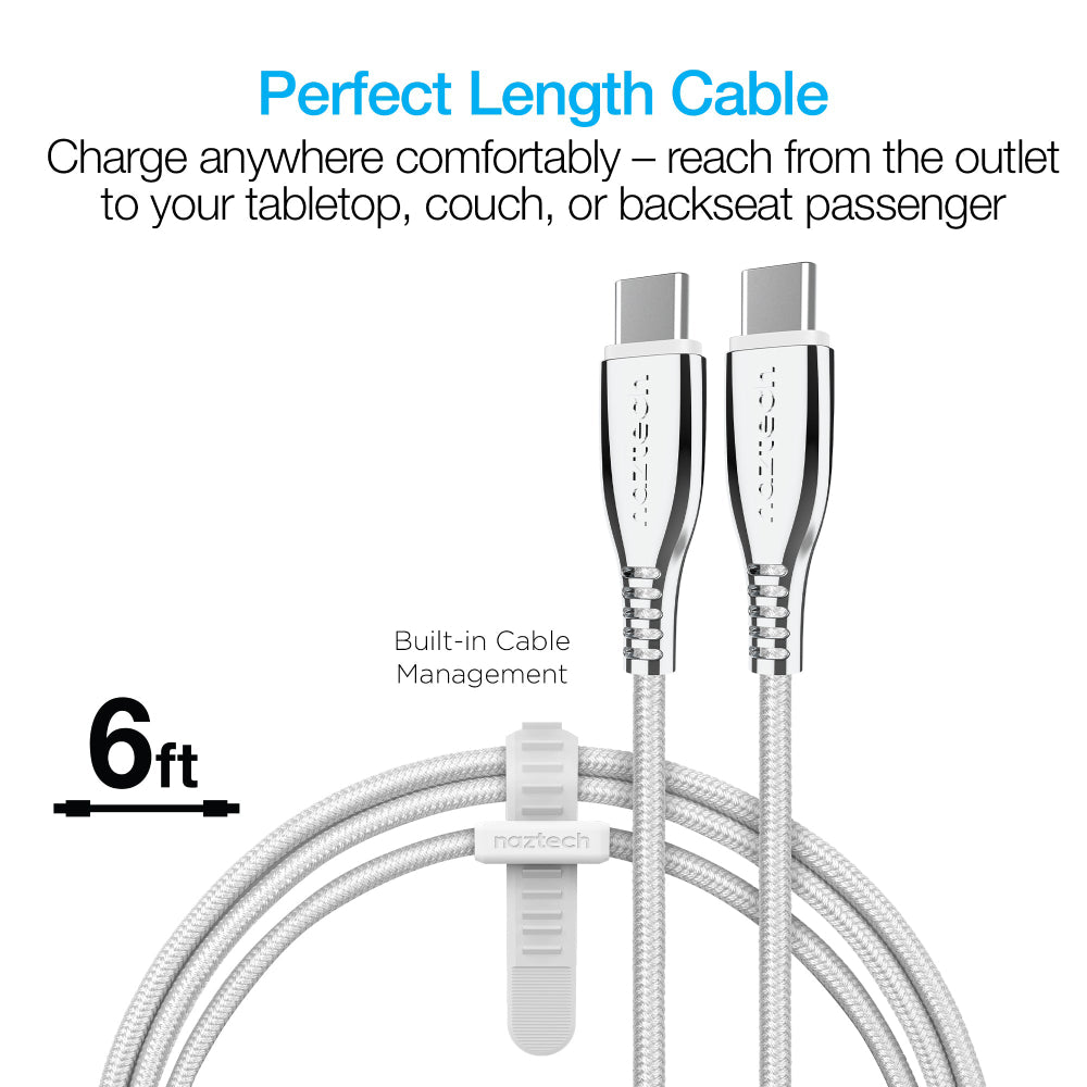 Cable de carga rápida trenzado USB-C a USB-C de 6 pies Naztech Titanium - Blanco