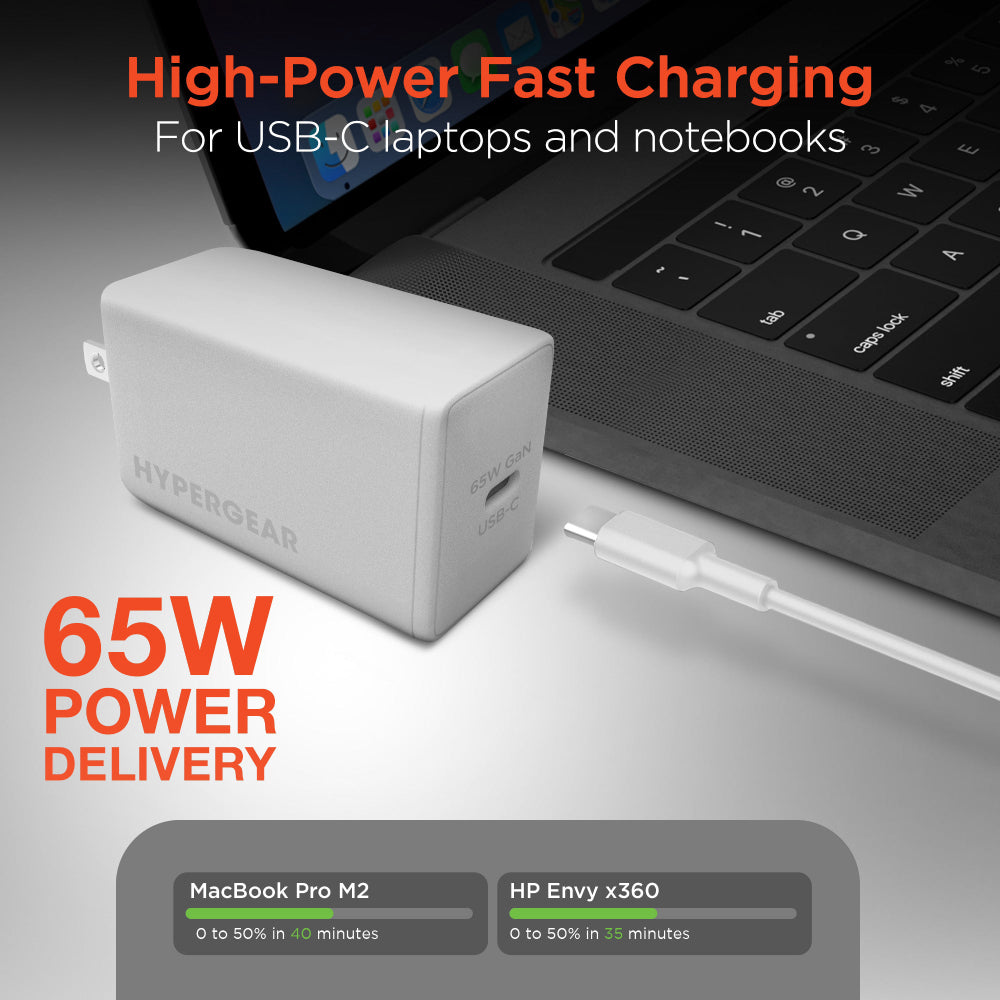 HyperGear SpeedBoost 65W USB-C PD GaN Laptop Wall Charger with PPS - White