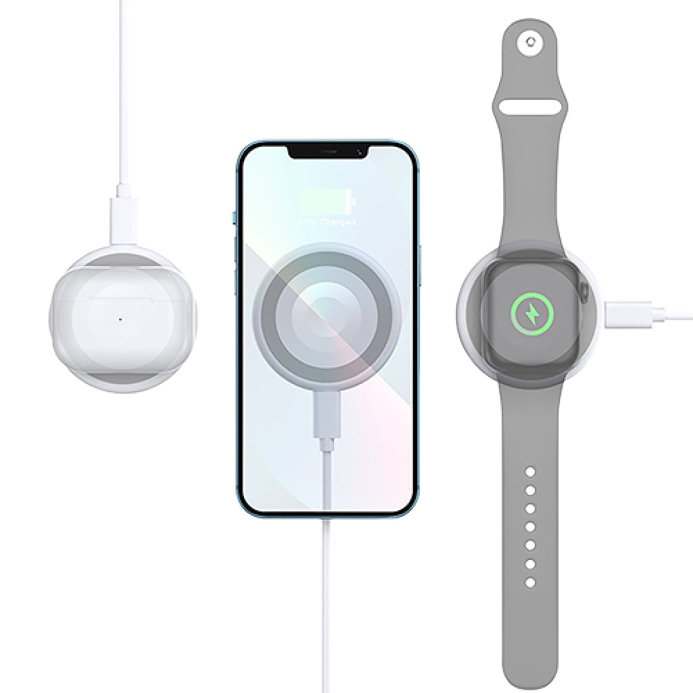 Cargador inalámbrico magnético 3 en 1 Tekya Qitek Magspot para teléfono, Apple Watch y Airpods, color blanco