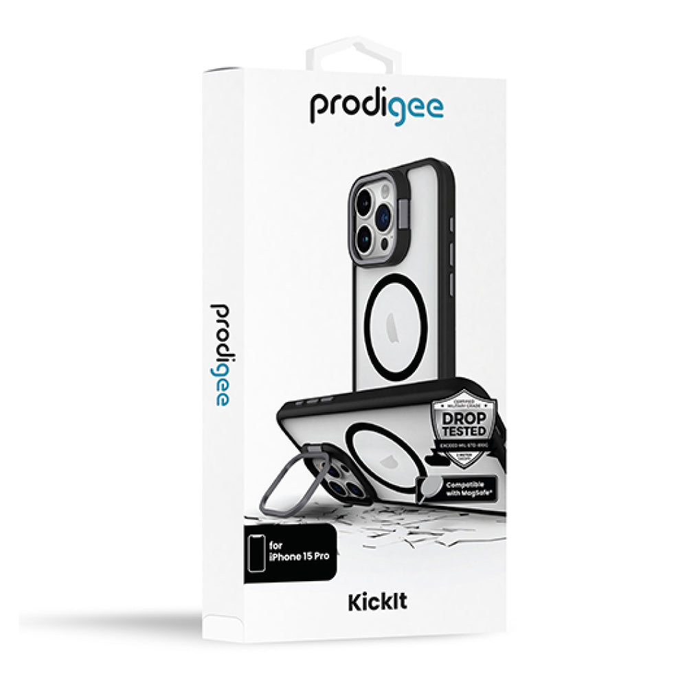 Estuche Prodigee Kickit MageSafe con marco de lente exclusivo y soporte para iPhone 15 Pro - Negro