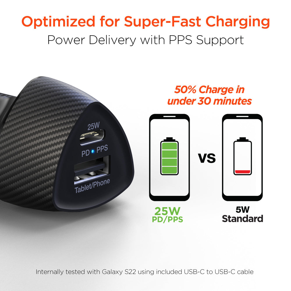 SpeedBoost 25W USB-C PD + 12W USB Fast Car Charger with 4ft USB-C Cable - Black