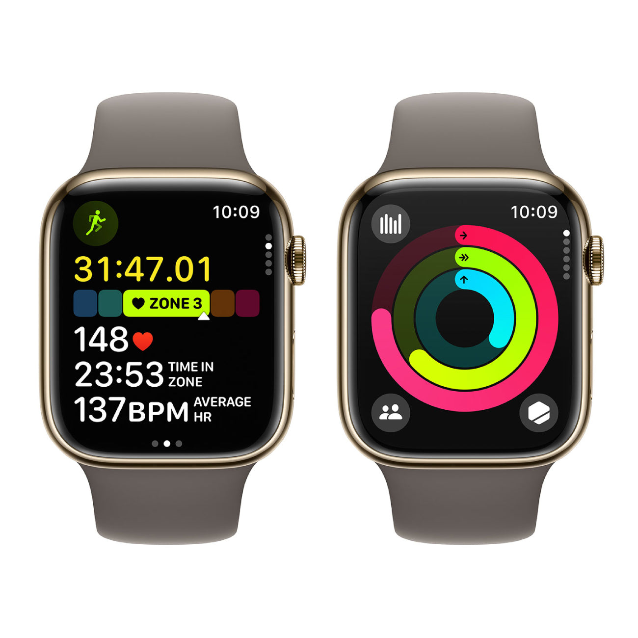 Reloj inteligente unisex Apple Series 9 de 41 mm con caja de acero inoxidable dorado y correa deportiva de arcilla (talla pequeña/mediana), GPS y conexión celular