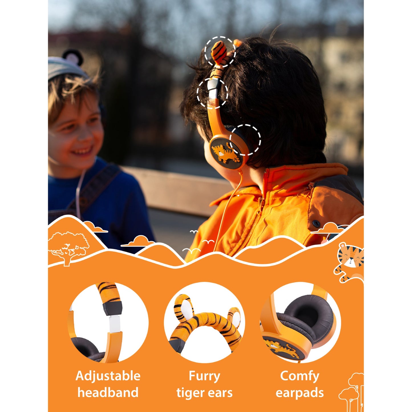 Auriculares con cable supraurales para niños peludos Planet Buddies 39091 - Charlie el tigre