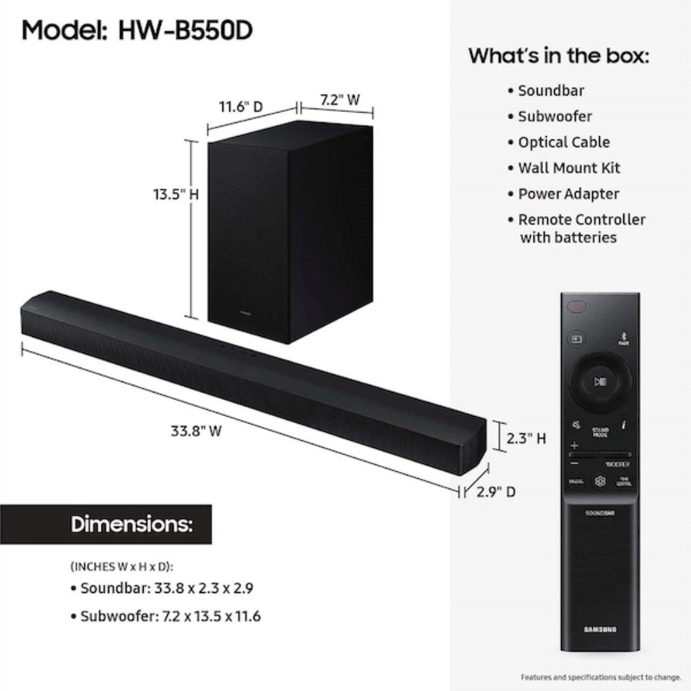 Sistema de barra de sonido Samsung HW-B550D serie B con subwoofer y DTS Virtual:X de 3.1 canales, color negro