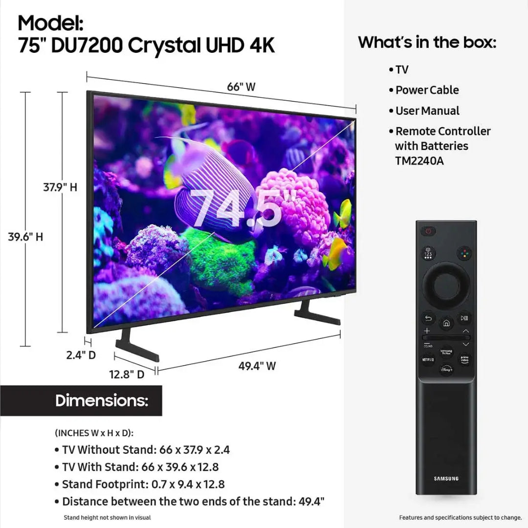 Samsung 75” Class DU7200 Crystal LED 4K UHD Smart Tizen TV