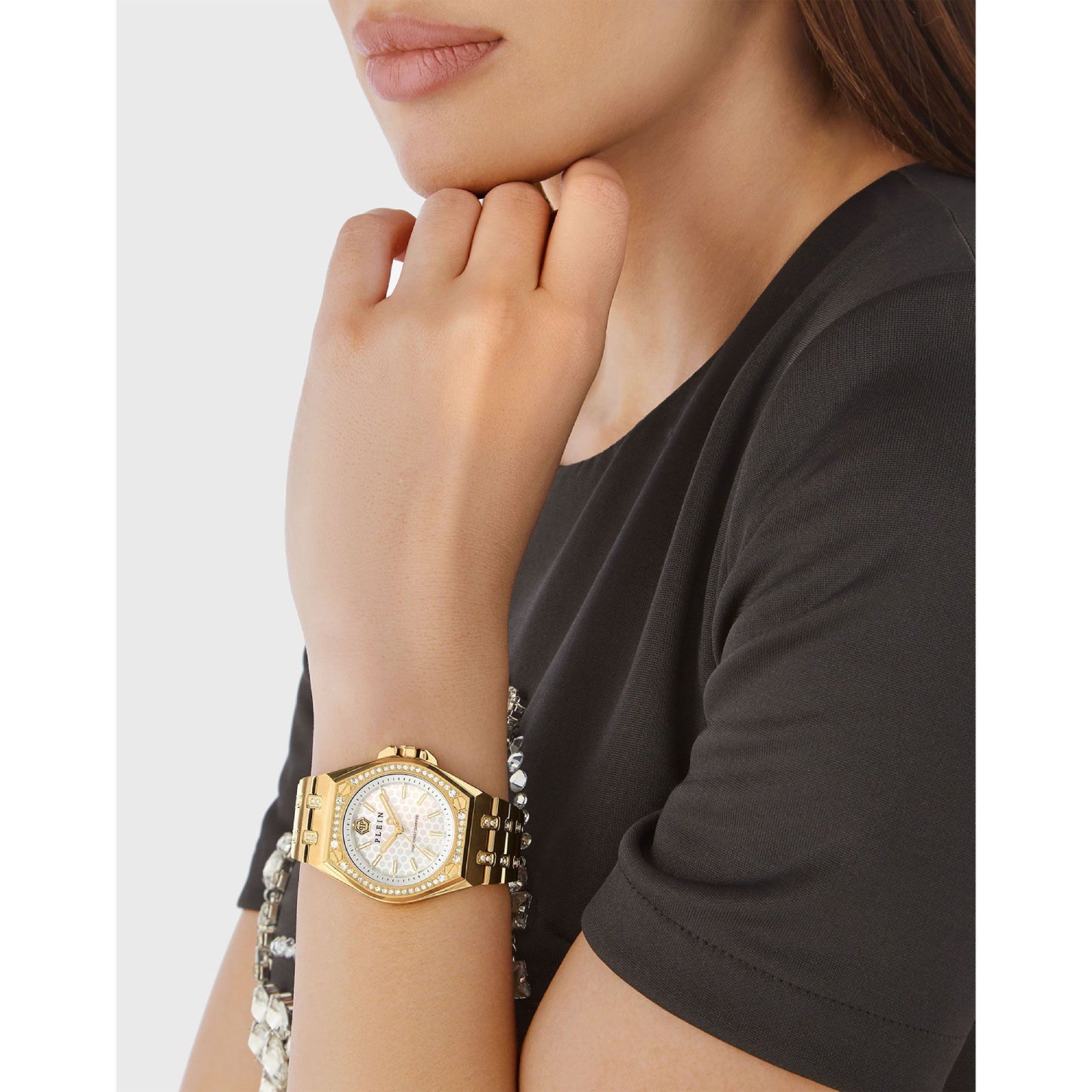 Reloj Philipp Plein Extreme Crystal para mujer, pulsera de oro amarillo de 38 mm con tres manecillas y esfera blanca