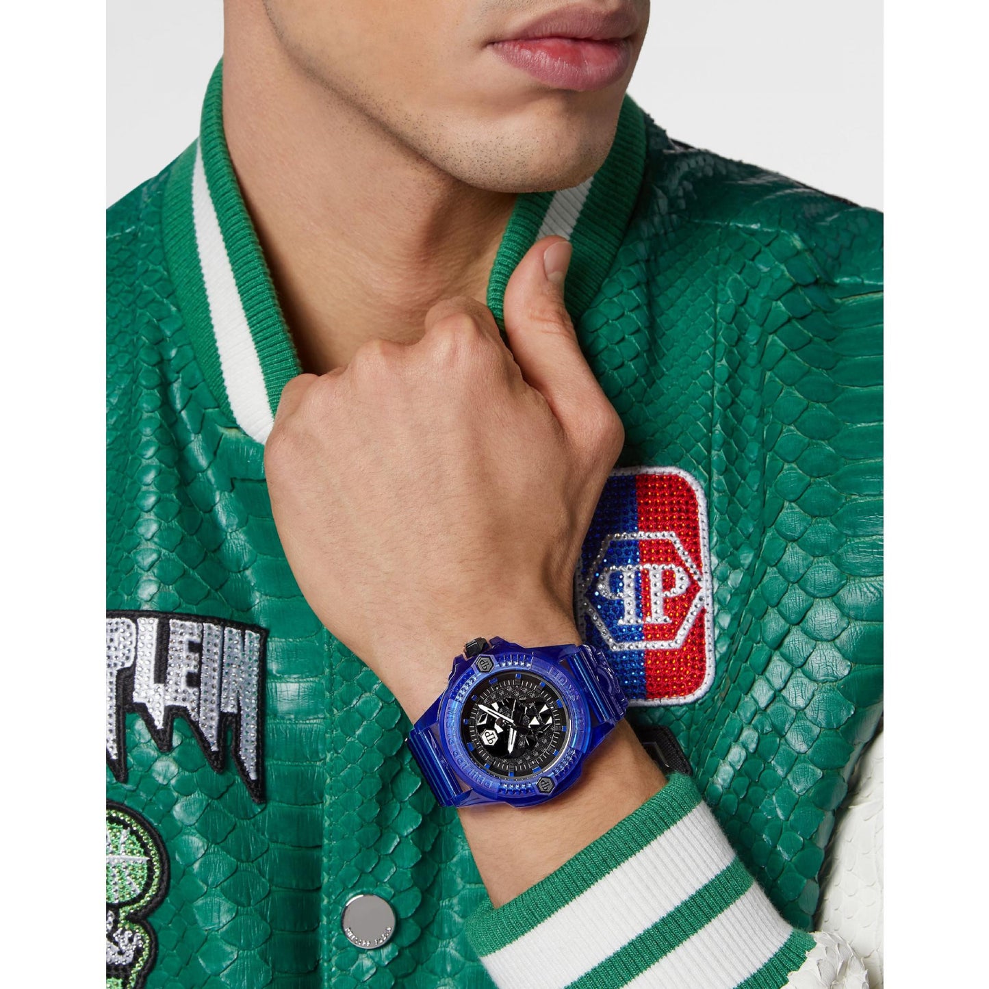 Reloj de hombre Philipp Plein The Skull de 45 mm con correa azul y tres manecillas, esfera negra