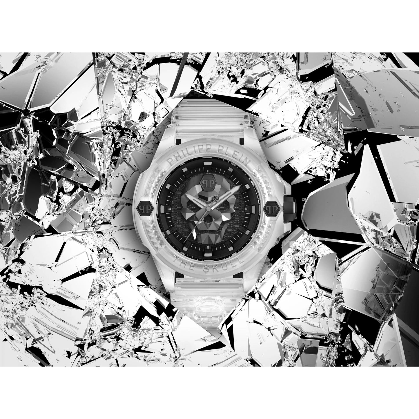 Reloj de hombre Philipp Plein The Skull de 45 mm con correa blanca y tres manecillas, esfera negra