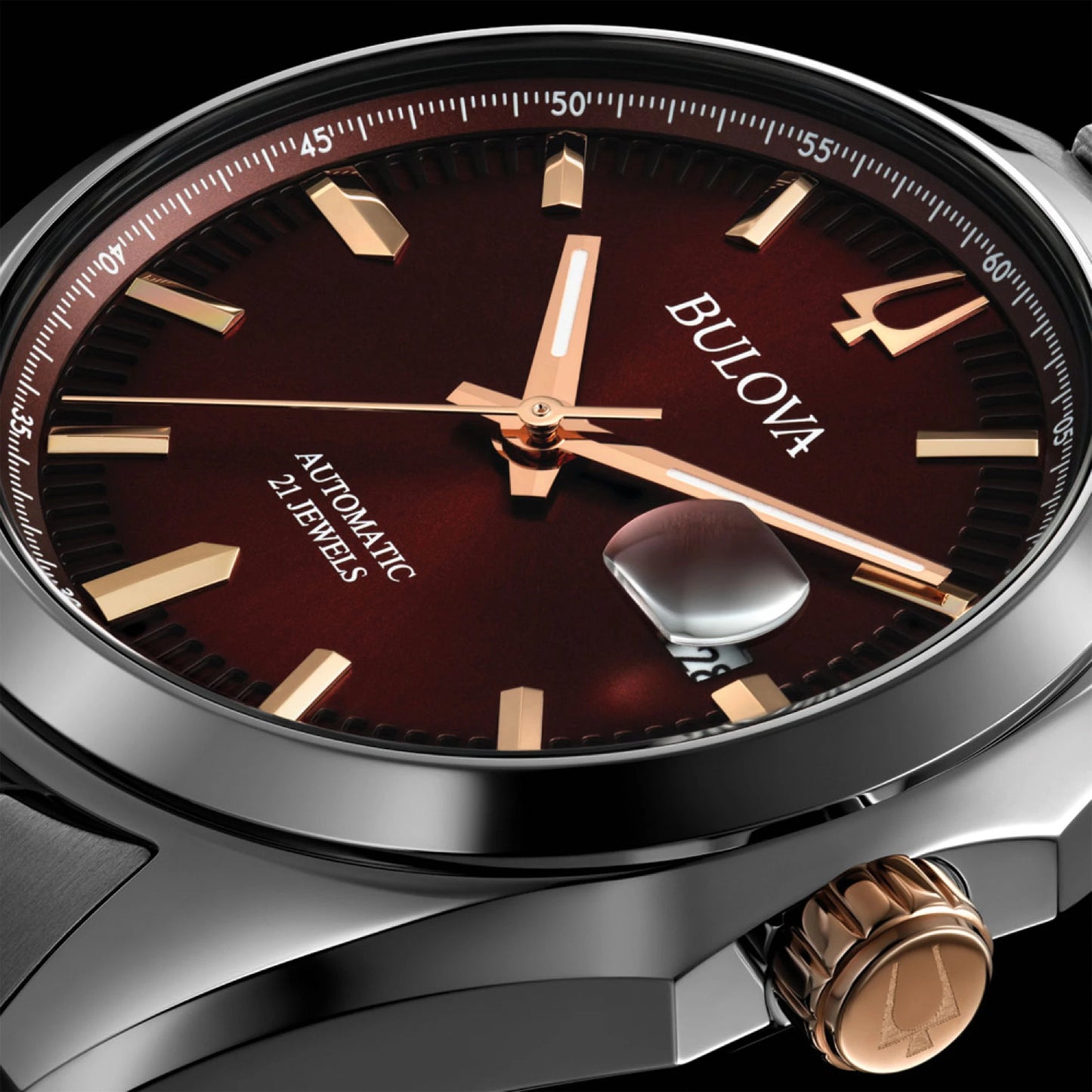 Reloj automático para hombre Bulova Surveyor de 39 mm con pulsera plateada y esfera color burdeos