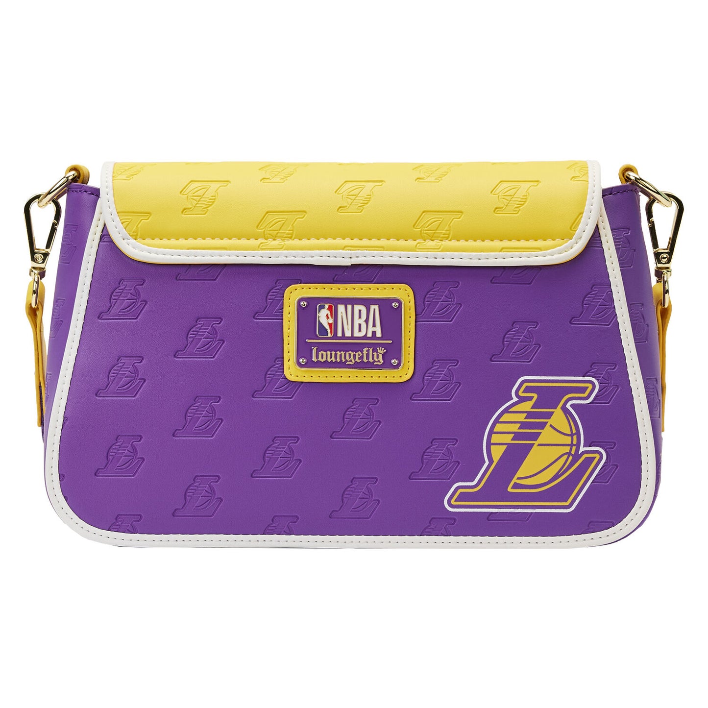 Bolso bandolera Loungefly de 7" con parches de la NBA Los Angeles Lakers en piel sintética, morado y amarillo