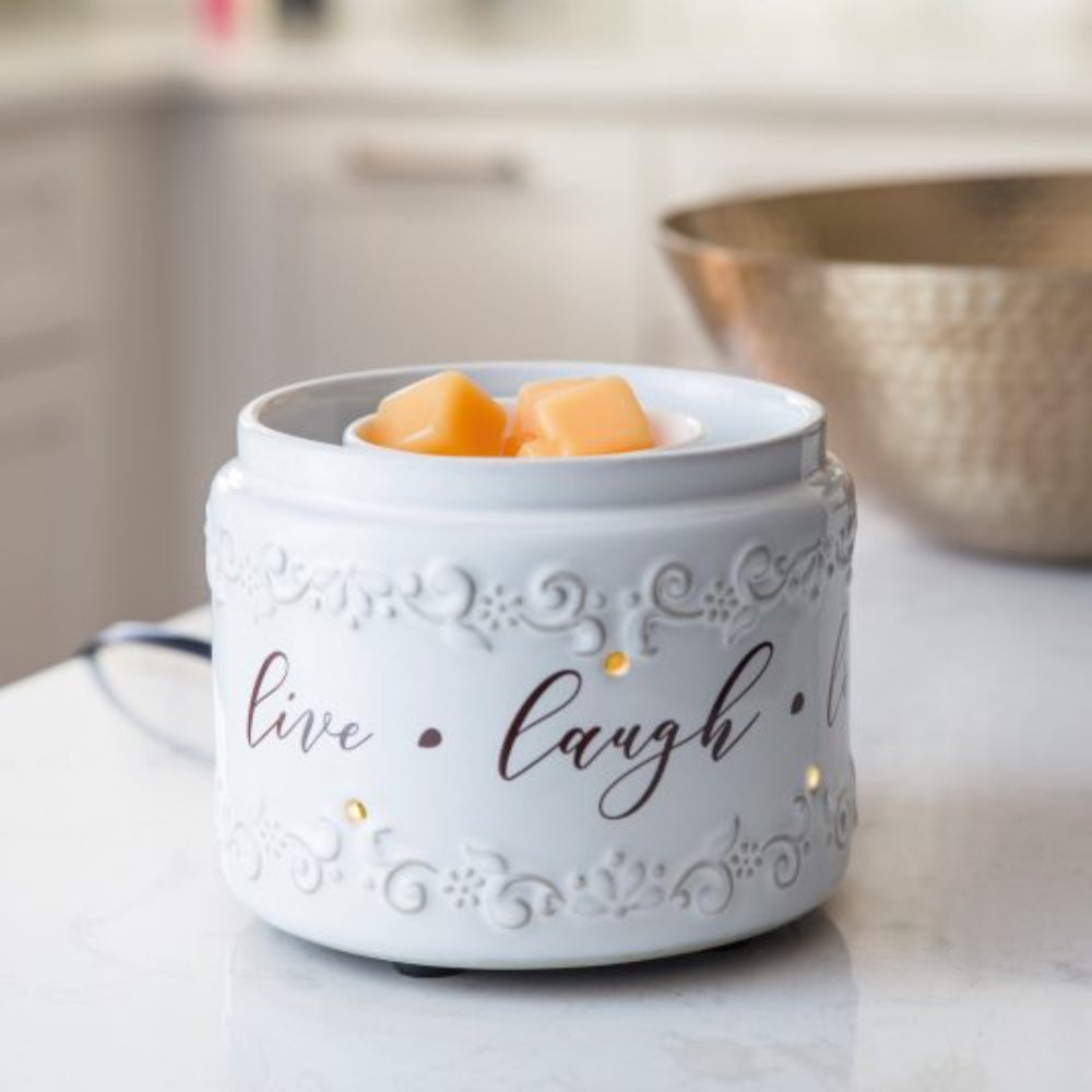 Calentador de velas con fragancia Illuminaire de 5" "Live Laugh Love" - ​​Marfil