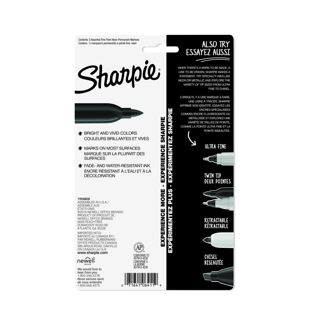 Sharpie Neon Fine Point Permanent Markers (Set of 5)