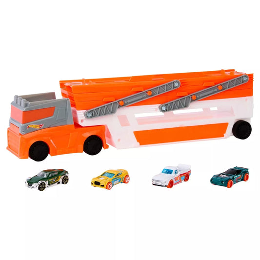 Hot Wheels Mega Hauler Truck Toy with 4 Die-Cast Cars - Orange
