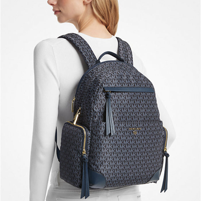 Michael Kors Prescott Large Signature Logo Print Woven Backpack - Admiral/Pale Blue