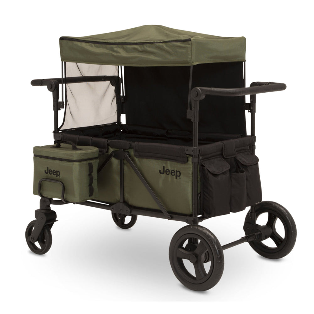 Cochecito tipo wagon Jeep Deluxe Wrangler con bolsa térmica y organizador para padres, color verde y negro