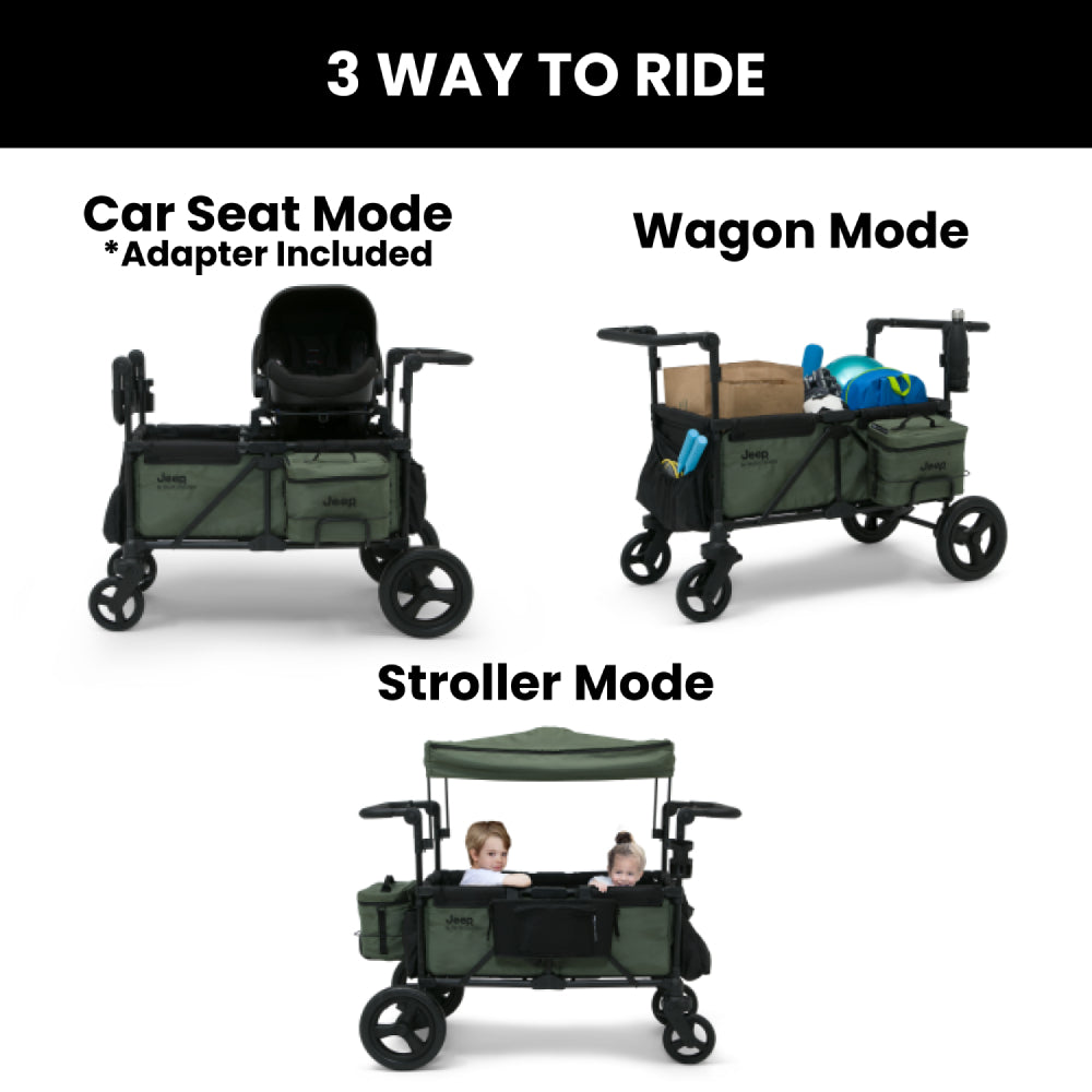 Cochecito tipo wagon Jeep Deluxe Wrangler con bolsa térmica y organizador para padres, color verde y negro