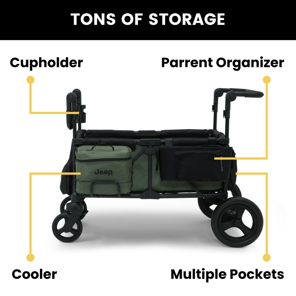 Cochecito tipo wagon Jeep Deluxe Wrangler con bolsa térmica y organizador para padres, color verde y negro