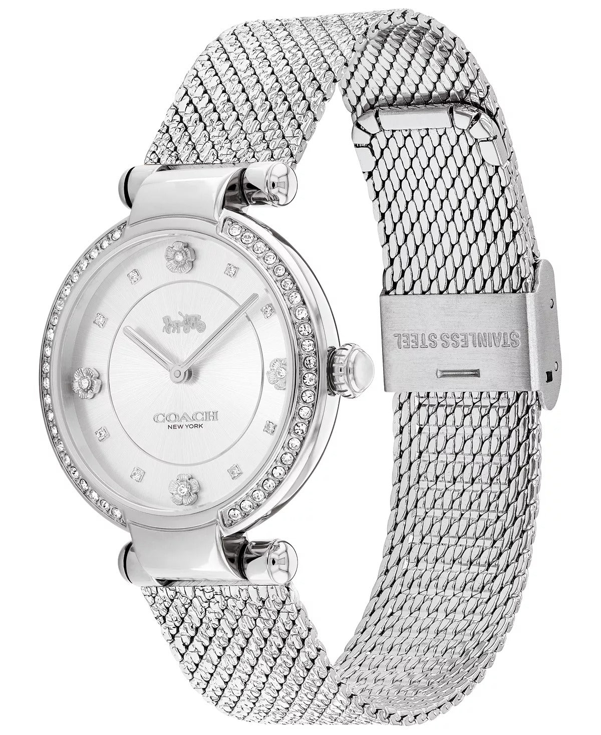 Coach Cary 34mm Crystal Accent Mesh Watch Silver Tone-Dial Women's Watch, Silver