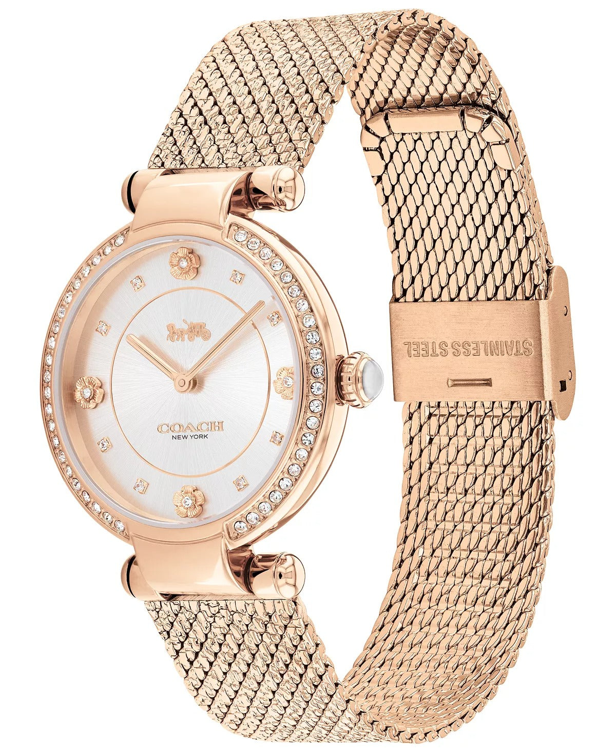Reloj Coach Cary de 34 mm con esfera en tono blanco con detalles de cristal y pulsera con efecto rayos de sol para mujer, oro rosa 