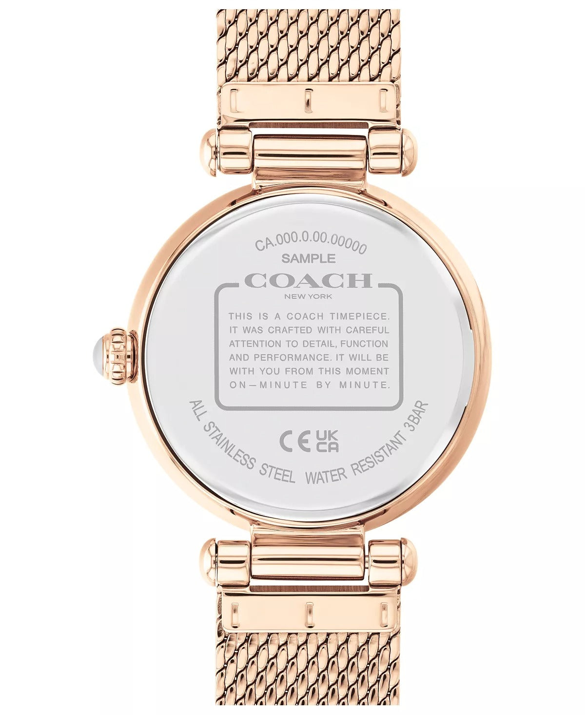 Reloj Coach Cary de 34 mm con esfera en tono blanco con detalles de cristal y pulsera con efecto rayos de sol para mujer, oro rosa 