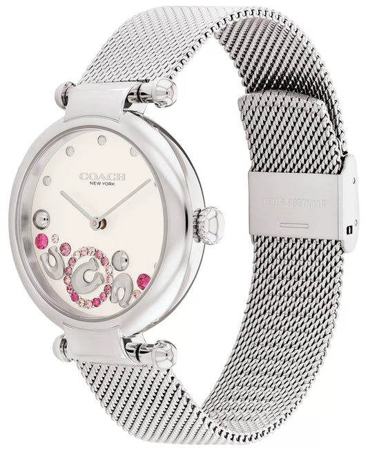 Reloj Coach Cary de 34 mm con malla de herradura y detalles de cristal, esfera plateada, para mujer, plateado 