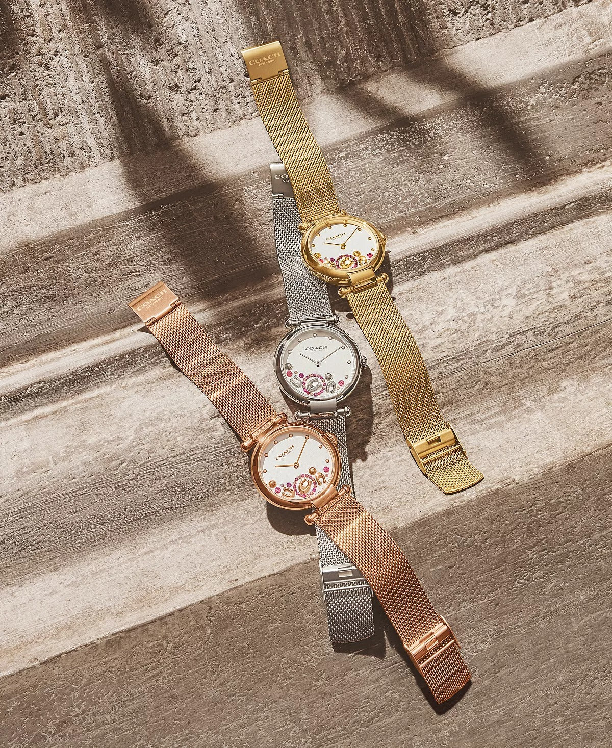 Reloj Coach Cary de 34 mm con malla de herradura y detalles de cristal, esfera plateada, para mujer, plateado 