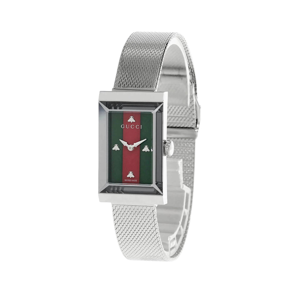 Gucci G-Frame Women's 35mm Silver Bracelet Watch - Green/Red Dial