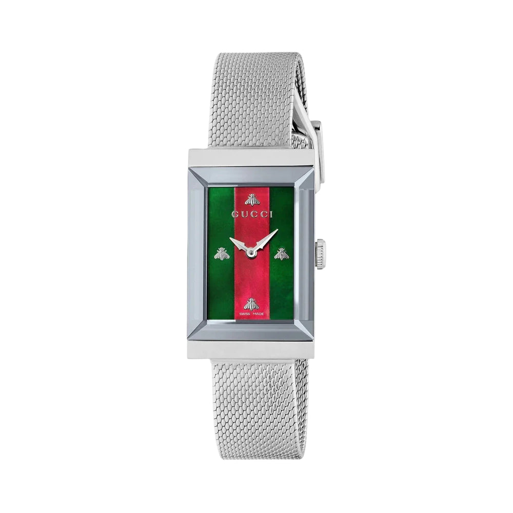Gucci G-Frame Women's 35mm Silver Bracelet Watch - Green/Red Dial