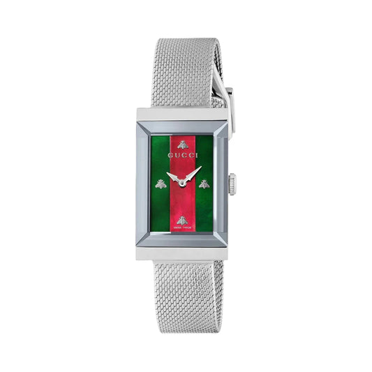 Gucci G-Frame Women's 35mm Silver Bracelet Watch - Green/Red Dial