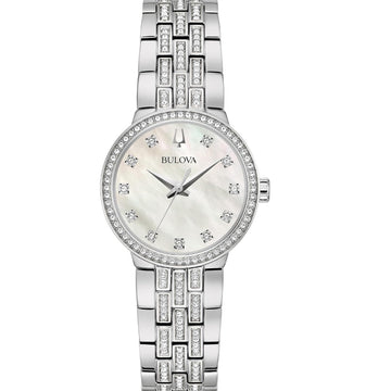 Bulova Women's Crystal 28.5mm Silver Analog Bracelet Watch with Cross Pendant Necklace Set - Mother of Pearl Dial