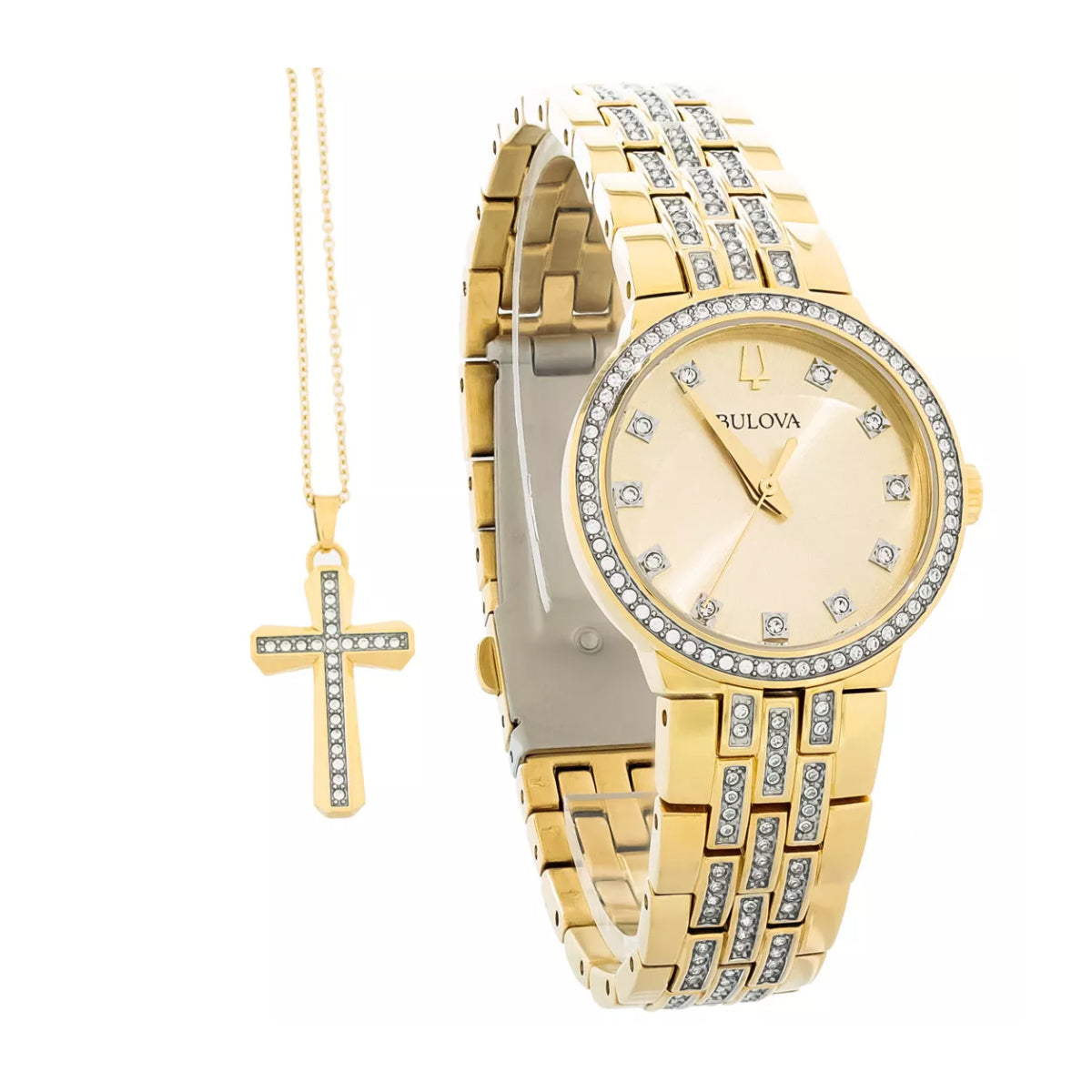 Bulova Crystal Women's 28.5 mm Analog Watch with Cross Pendant Chain Set - Gold