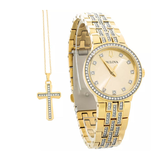 Bulova Crystal Women's 28.5 mm Analog Watch with Cross Pendant Chain Set - Gold