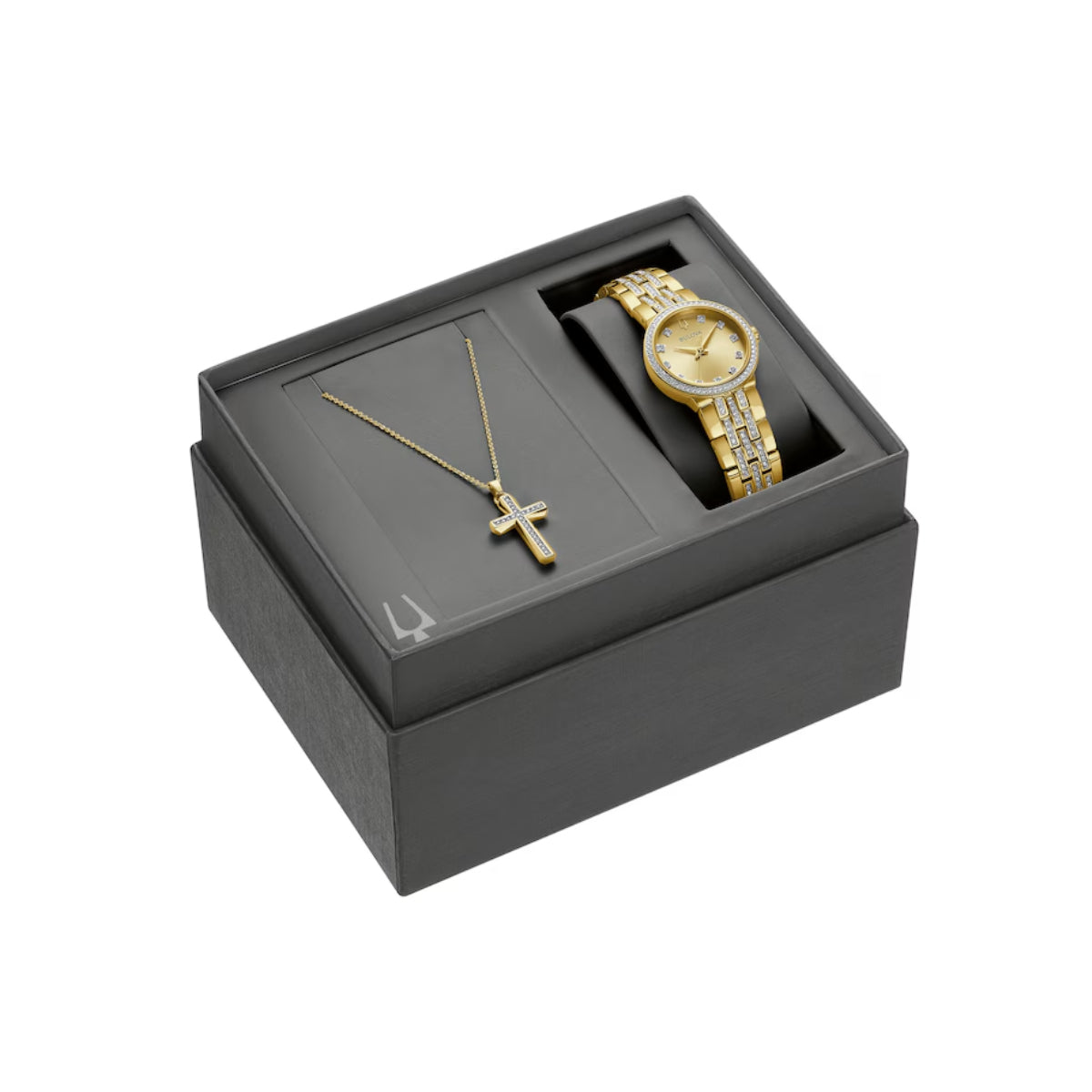 Bulova Crystal Women's 28.5 mm Analog Watch with Cross Pendant Chain Set - Gold