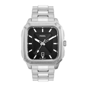 Reloj Fossil Inscription para hombre, de acero inoxidable, con tres manecillas y pulsera plateada de 42 mm, esfera negra 