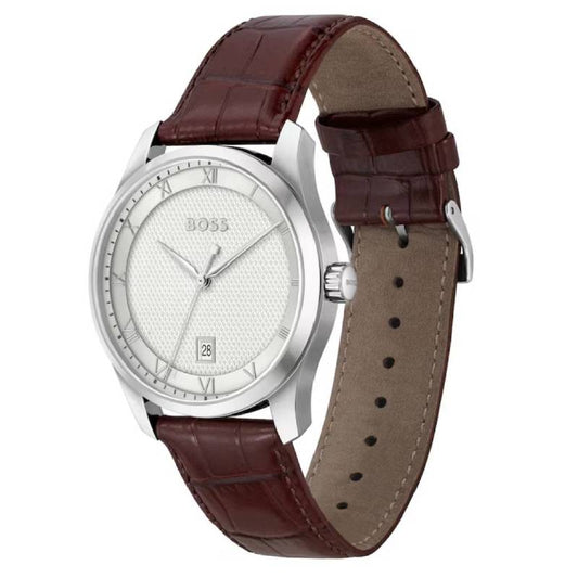 Hugo Boss Principle Men's 41mm Brown Strap Watch - Silver Dial
