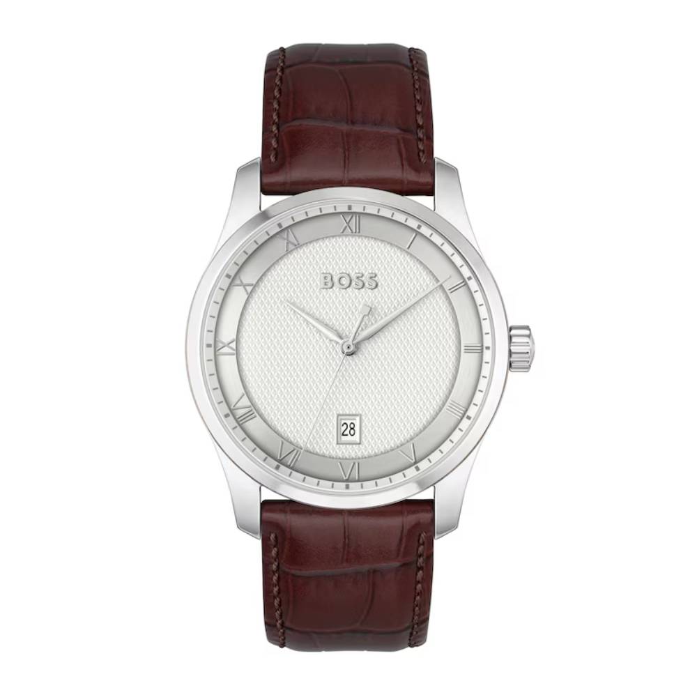 Hugo Boss Principle Men's 41mm Brown Strap Watch - Silver Dial