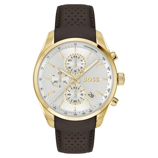 Hugo Boss Grand Prix 44 Men's 44.5mm Brown Strap Watch - Silver Dial