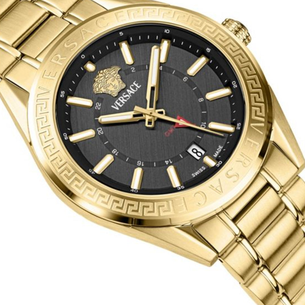 Versace V-Code GMT Men's 42mm Gold Bracelet Watch - Black Dial