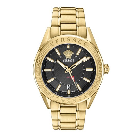Versace V-Code GMT Men's 42mm Gold Bracelet Watch - Black Dial