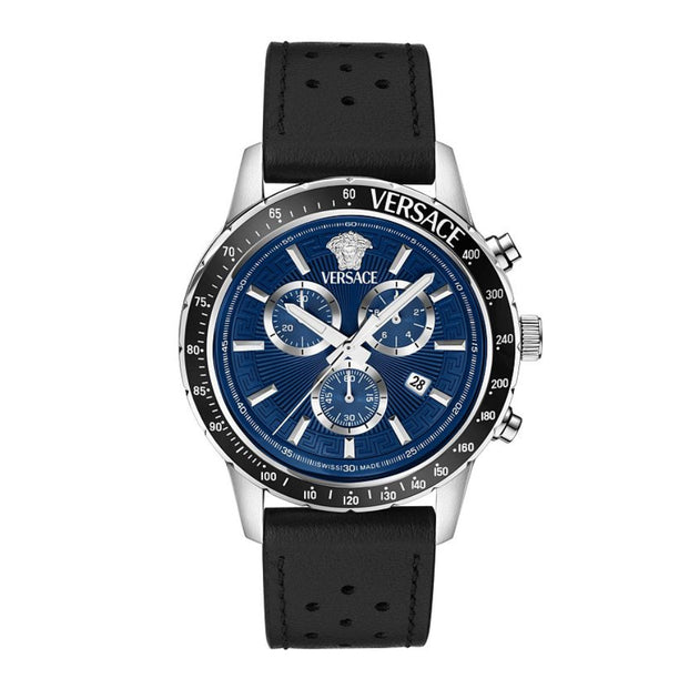Versace Sport Chrono Men's 44mm Black Strap Watch - Blue Dial– Curacao