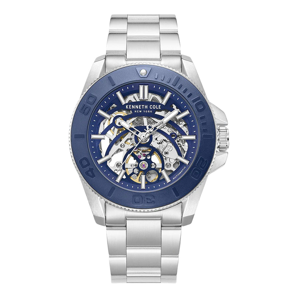 Kenneth Cole New York Skeleton Men's Silver Bracelet Watch - Blue Dial