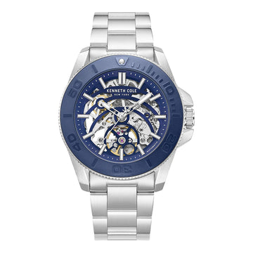 Kenneth Cole New York Skeleton Men's Silver Bracelet Watch - Blue Dial