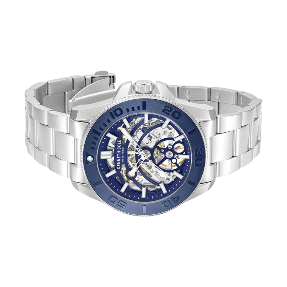 Kenneth Cole New York Skeleton Men's Silver Bracelet Watch - Blue Dial