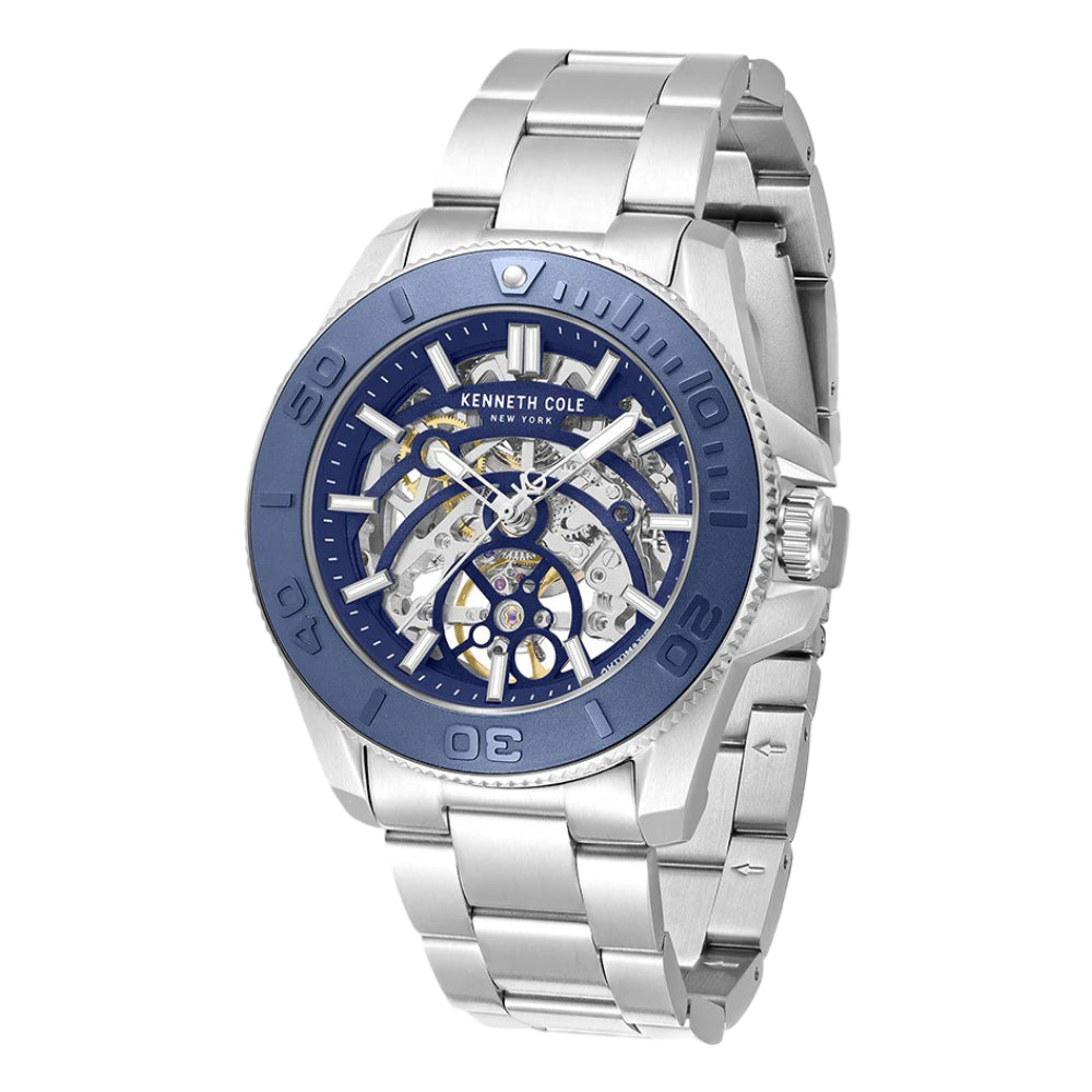 Kenneth Cole New York Skeleton Men's Silver Bracelet Watch - Blue Dial