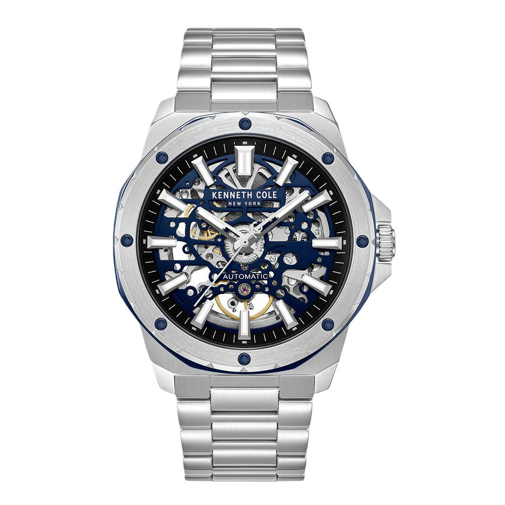 Kenneth Cole New York Skeleton Men's 45mm Silver Bracelet Watch - Blue Dial
