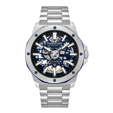 Kenneth Cole New York Skeleton Men's 45mm Silver Bracelet Watch - Blue Dial