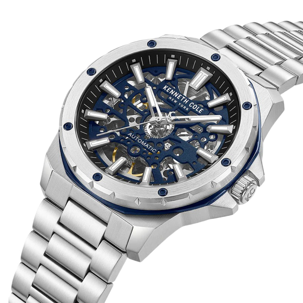 Kenneth Cole New York Skeleton Men's 45mm Silver Bracelet Watch - Blue Dial