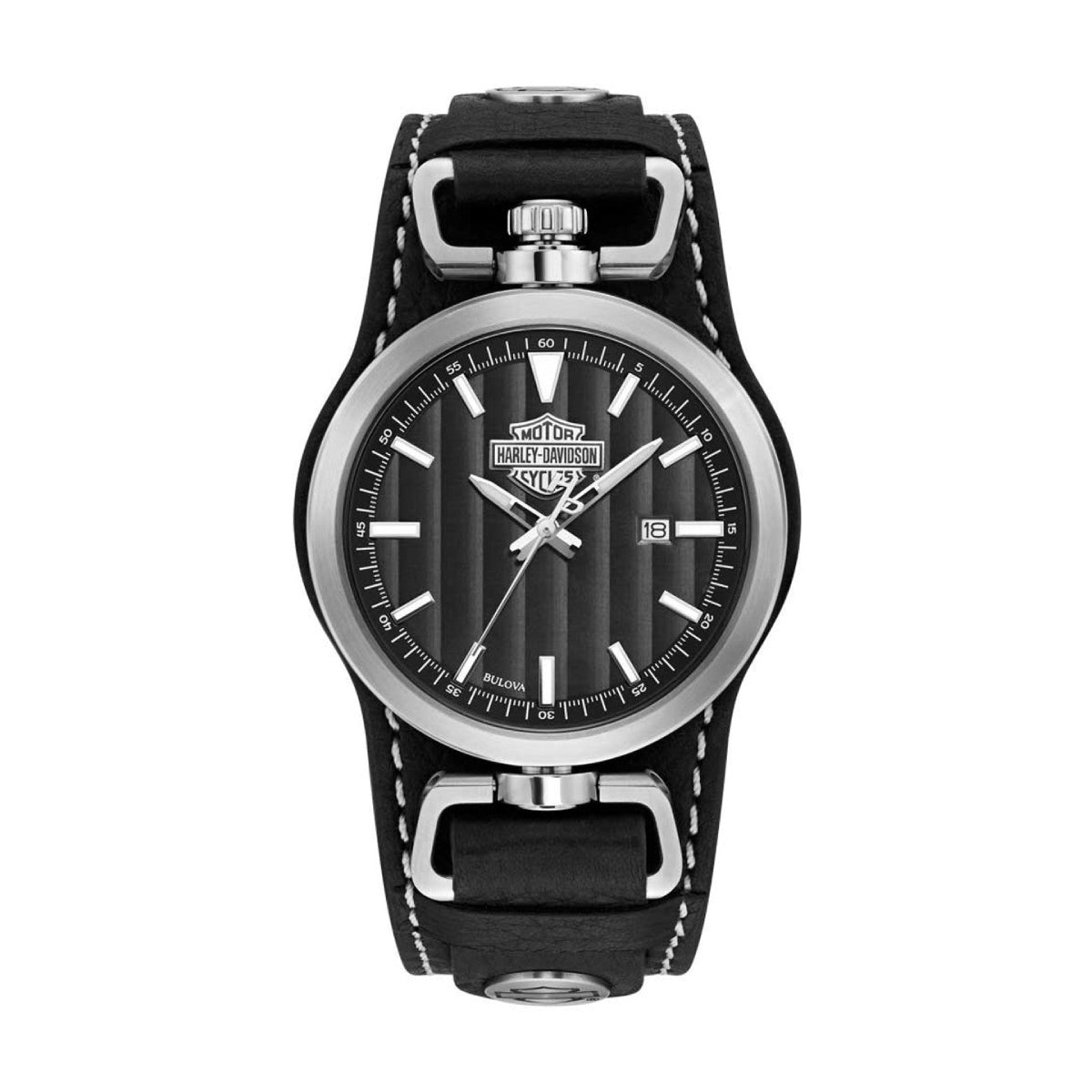 Bulova Harley Davidson Steel Rotating Case Leather Cuff Strap Men Watch 41mm