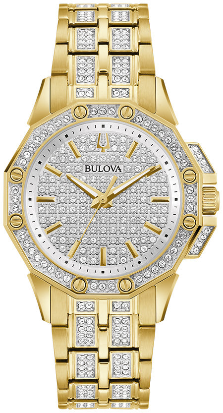 Reloj de cuarzo de dos tonos Bulova Octava Crystal para mujer, de 34 mm, con pulsera de acero inoxidable y esfera plateada 